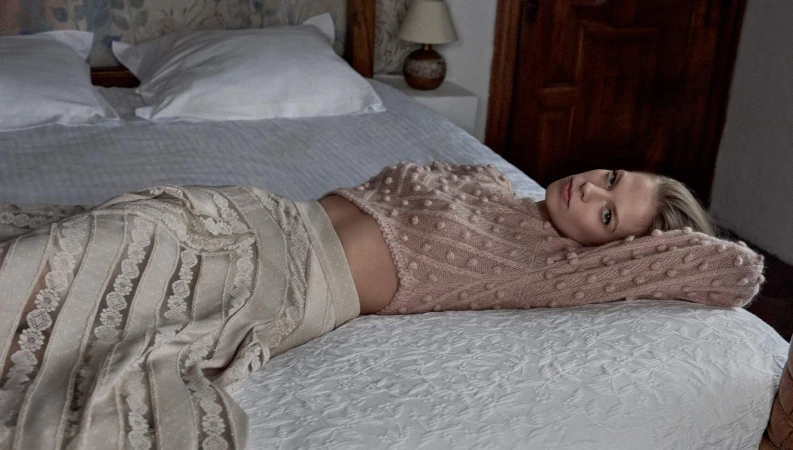 A blond woman in a light pink sweater and tan lace skirt is lying on a white bed in a brightly lit bedroom with light neutral decor.