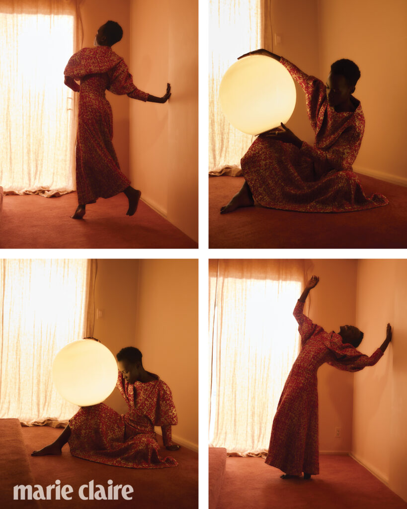 Four images of a Black female model in a red dress posing in a corner with a glowing orb, editorial fashion for Marie Claire magazine.