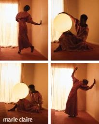 Four-panel editorial layout featuring Lupita Nyong'o in a patterned red gown holding a glowing spherical lamp in a domestic interior.