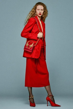 Fashion shot: Woman in a red blazer and skirt with a red purse over her shoulder, red heels, and patterned hose against a plain background.