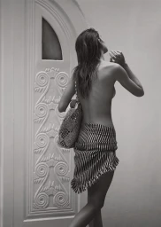 Model in striped wrap skirt carrying a woven straw bag walking past an arched door