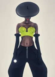 Model wearing a large round hat, chartreuse rose-molded bustier, and dark pants against a light background