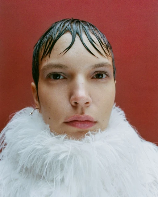 Close-up portrait of a person with short, wet hair and a serious expression, wearing a white feather boa against a red background.