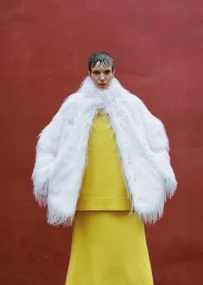 Model with wet hair wearing a yellow sweater and skirt under a fluffy white feathered coat against a terracotta wall