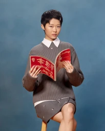 Model with short dark hair wearing a grey sweater and white collar holding an open red magazine against a textured blue backdrop.