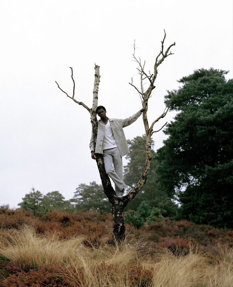 Young man in a light-colored jacket and grey pants stands on a bare tree in an outdoor field with wispy, dry grass and scattered trees.