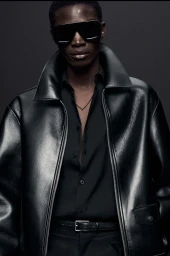 Close-up portrait of a male model wearing black sunglasses, a black shirt, and a shiny black leather jacket against a dark background.