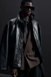 Model wearing a black leather jacket, dark sunglasses, and a brown blazer against a dark grey background for Zara Party Winter 2024.