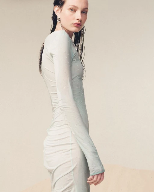 Elegant adult female model poses in a semi-sheer, long-sleeved light blue dress with ruched detailing against a plain, neutral background.