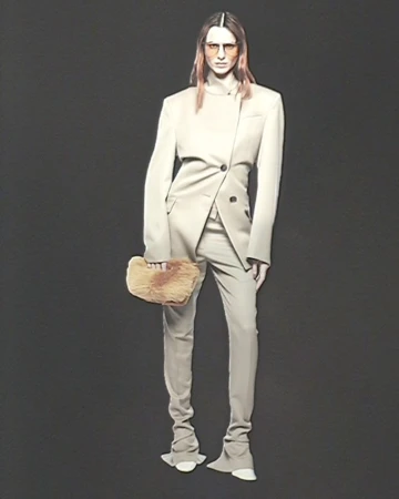 Fashion shot of a woman in a beige blazer and pantsuit holding a fur clutch against a dark grey background in a studio setting.