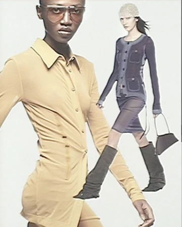 Two fashion models posing against a light background for The Attico S/S 25 collection campaign photographed by Sharna Osborne.