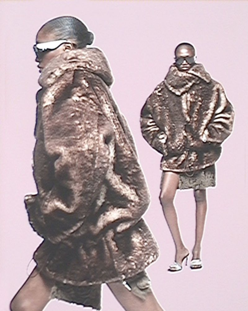 Two women wearing fur coats and sunglasses pose against a light pink backdrop in a fashion editorial-style portrait shot.