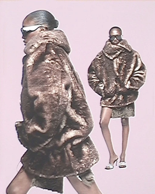 Two women wearing fur coats and sunglasses pose against a light pink backdrop in a fashion editorial-style portrait shot.