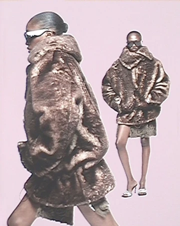 Two women wearing fur coats and sunglasses pose against a light pink backdrop in a fashion editorial-style portrait shot.