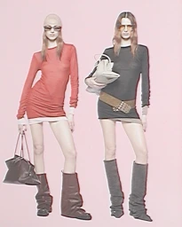 Two female models in long-sleeved mini dresses and tall boots against a pink background for The Attico S/S 25