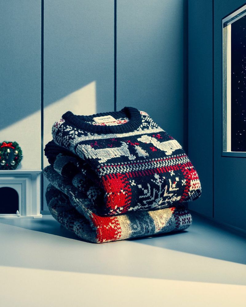 Stack of patterned, folded knit sweaters on a white surface, window with stars visible, against a blue wall with a faux fireplace.