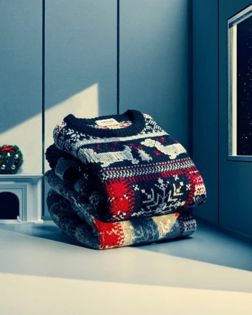 Stack of patterned, folded knit sweaters on a white surface, window with stars visible, against a blue wall with a faux fireplace.