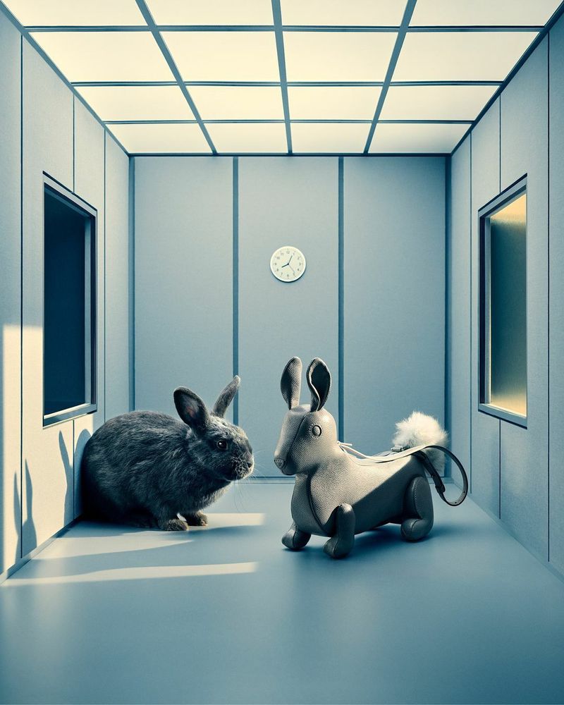 Two rabbit toys in a minimalist room with blue walls, featuring a plush gray rabbit and a ride-on rabbit toy with a fluffy tail.