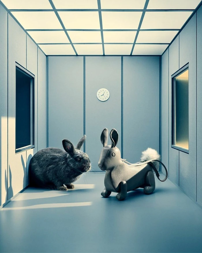 A real dark grey rabbit facing a leather toy rabbit figurine inside a symmetrical blue room with paneled walls