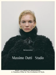 Model with blonde hair wearing a black furry coat and dark gloves against a plain light wall.