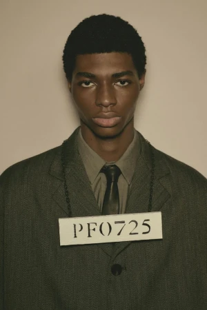Close-up portrait of a young adult Black man wearing a suit and tie, with a placard around his neck against a plain light background.