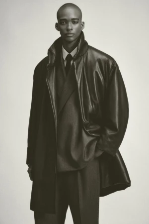 Model wearing a dark leather trench coat and suit against a plain light background