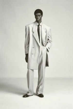 Monochrome studio shot of a Black male model in an oversized, light-colored double-breasted suit, black tie, and patent leather dress shoes.