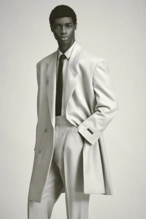 Man wearing a cream tailored coat, matching trousers, tie and shirt against a solid light background.