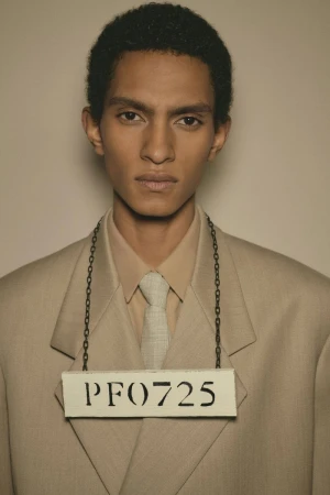 Portrait of a male model wearing a beige suit, matching shirt and tie, and an identification sign hung from his neck in a photo studio.