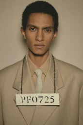 Model wearing a neutral suit jacket with a chain necklace holding a sign reading PF0725 against a seamless background