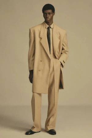 Model in camel-colored oversized suit and matching coat against a neutral studio background