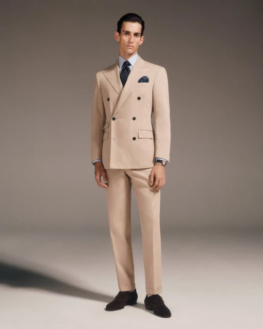 Man in a double-breasted tan suit standing indoors against a gradient background, styled with a blue shirt and tie, brown shoes.