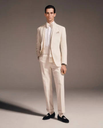 A man stands in a studio wearing a cream-colored formal suit with a bow tie and black loafers for a fashion shot with full lighting.