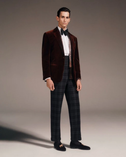 Man in a brown velvet suit and bow tie stands in a studio, posing for a full-length portrait with a neutral backdrop.