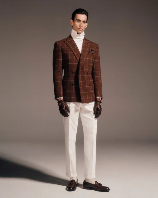 Full-length shot of adult male in brown plaid suit, white turtleneck, and brown leather gloves and loafers posing in a studio.