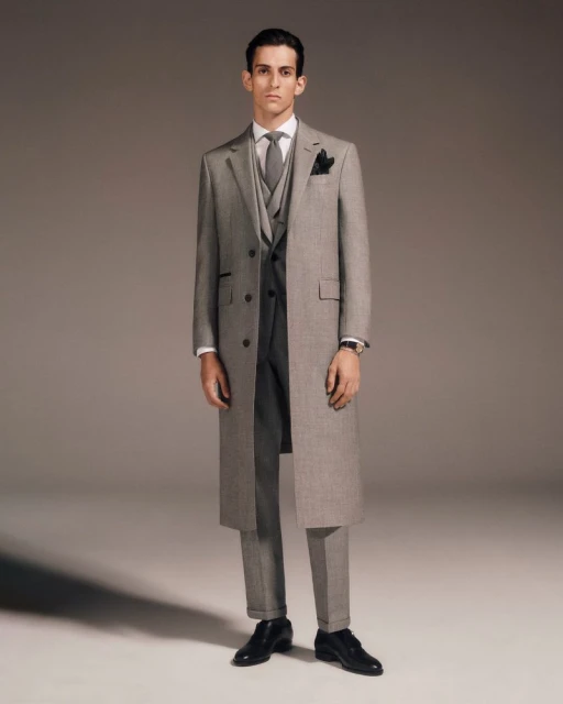 Full-length shot of a male model in a grey three-piece suit, grey overcoat, black shoes, and grey tie, set against a neutral backdrop.