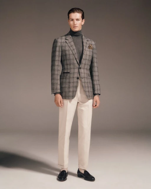 Man in a grey plaid blazer, turtleneck, and white pants, posing against a neutral background in a fashion editorial shot.