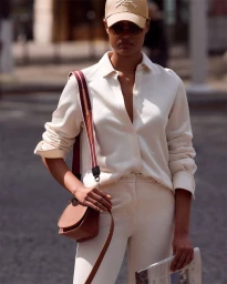 Model wearing a white shirt and cream trousers with a tan crossbody bag and cap against an outdoor urban background.