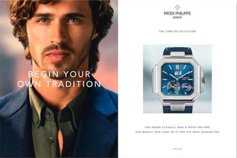 Advertisement for Patek Philippe watch featuring a handsome adult male wearing a dark blue jacket on a white background.