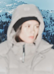 Model wearing a hooded grey puffer jacket and black beanie against a snowy mountain backdrop.