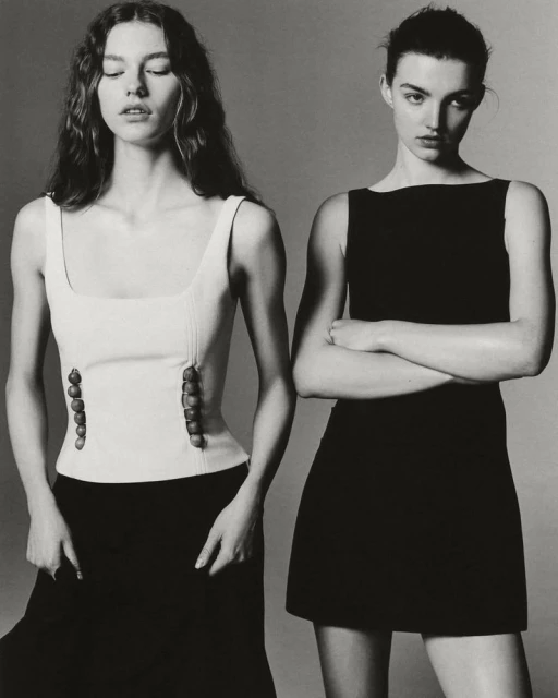 Two women in black and white photograph posing in dresses. One woman has her arms crossed and the other has her arms down.