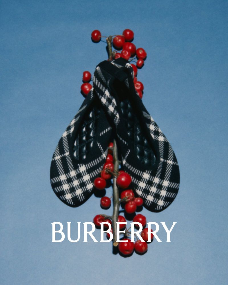Plaid slipper from Burberry staged with red berries, set against a light blue backdrop in a visually striking studio still-life.