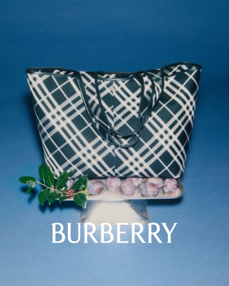 Tote bag with a plaid pattern in dark green and white displayed on a platform with plums and green foliage against a blue backdrop.