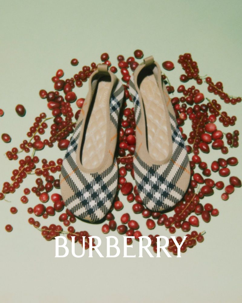 Pair of Burberry plaid ballet flats styled with scattered red currant berries on a pastel green background. Close-up studio shot.