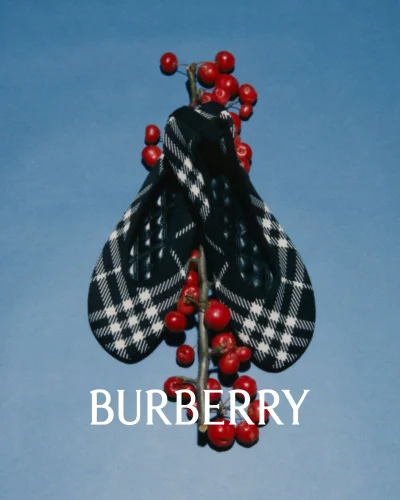 Burberry black and white plaid ballet flats resting on a sprig of red berries over a light blue surface with white Burberry text.