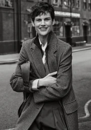 Model Saskia de Brauw smiling on an urban street in a houndstooth coat and holding a leather shoulder bag.