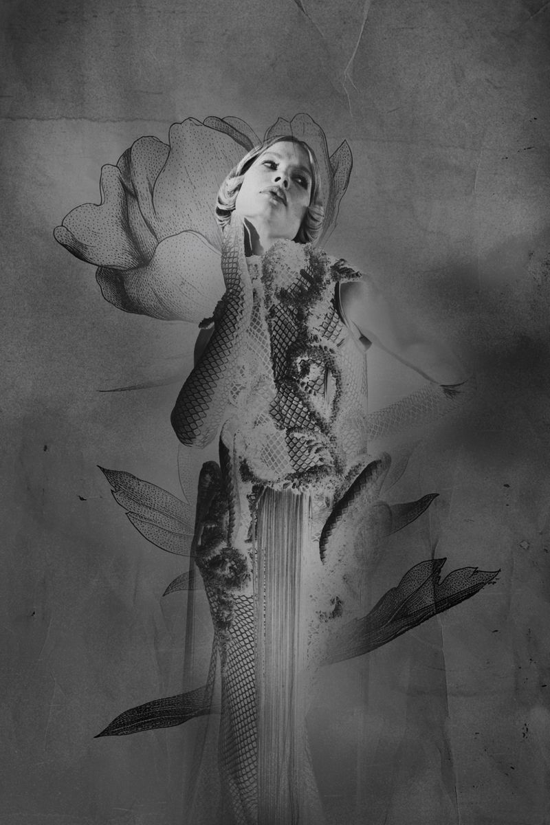 Monochrome portrait of a blonde woman with a floral double exposure, evoking a vintage aesthetic and artistic expression.