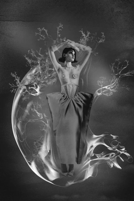 Black and white fashion shot of a woman in sculptural garment surrounded by an abstract fluid form with organic branchlike structures.