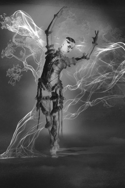 Artistic black and white shot of a woman in a corset and stockings, arms raised, surrounded by smoky, ethereal patterns and a dark background.