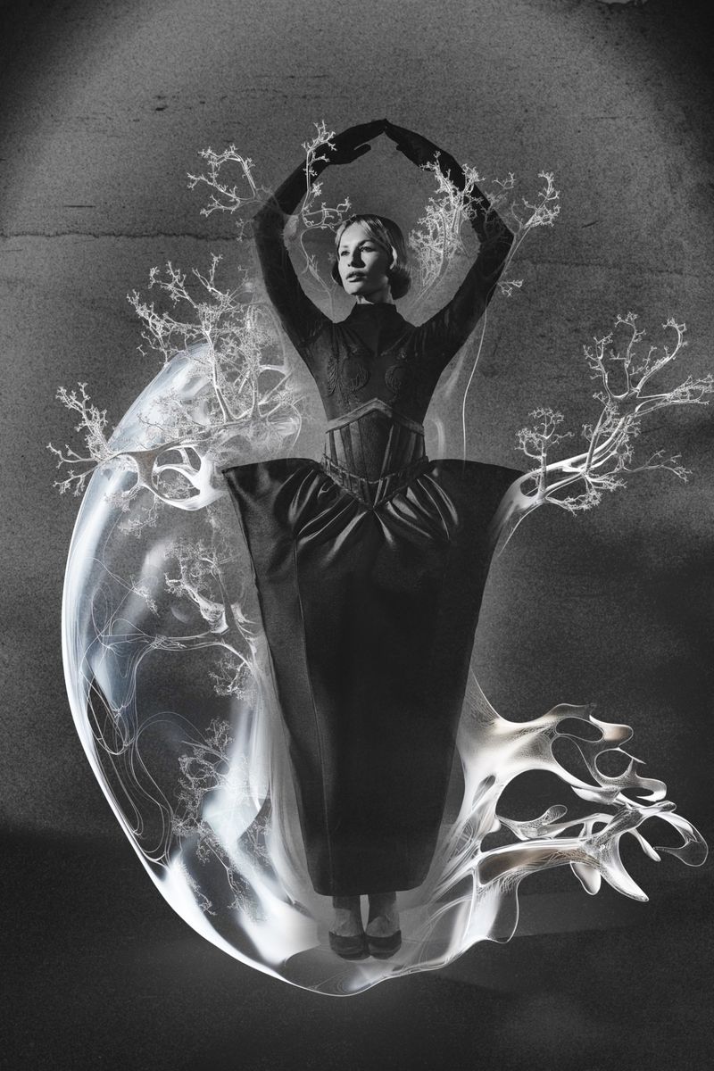 Monochrome fashion portrait: A woman in an ornate black dress poses within a clear, organic-shaped shell with tree-like accents. 